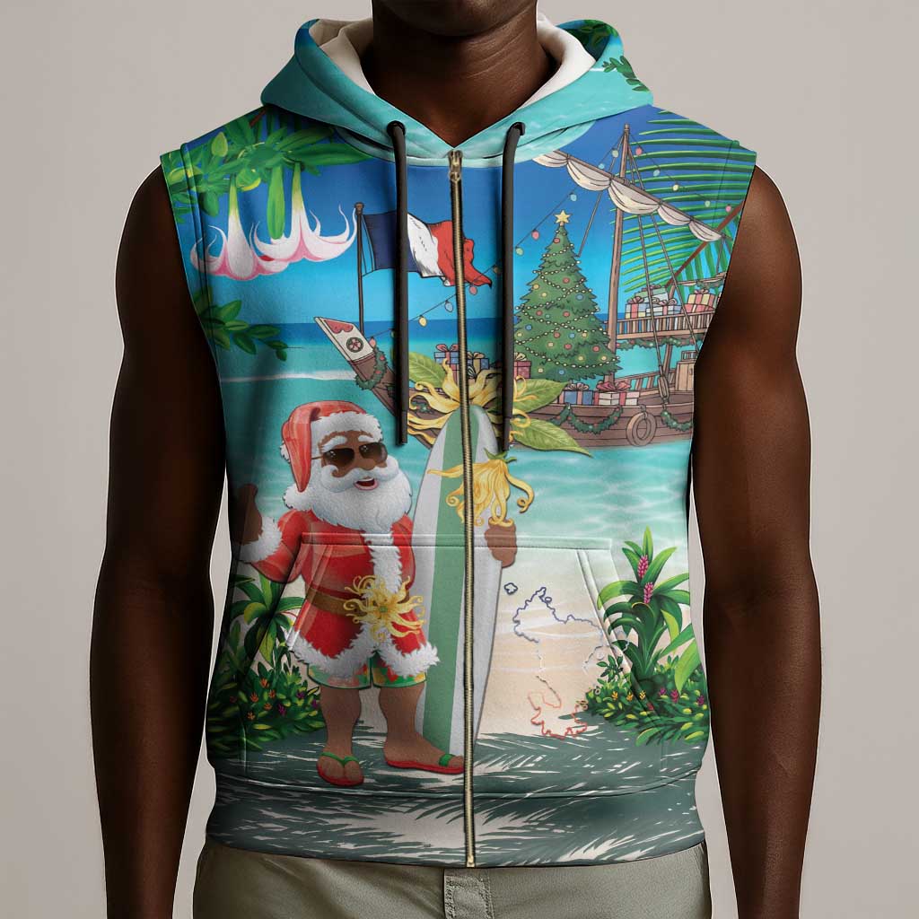 Afro Christmas in Mayotte Sleeveless Zip Hoodie Santa Chill on Tropical Beach - African Pride
