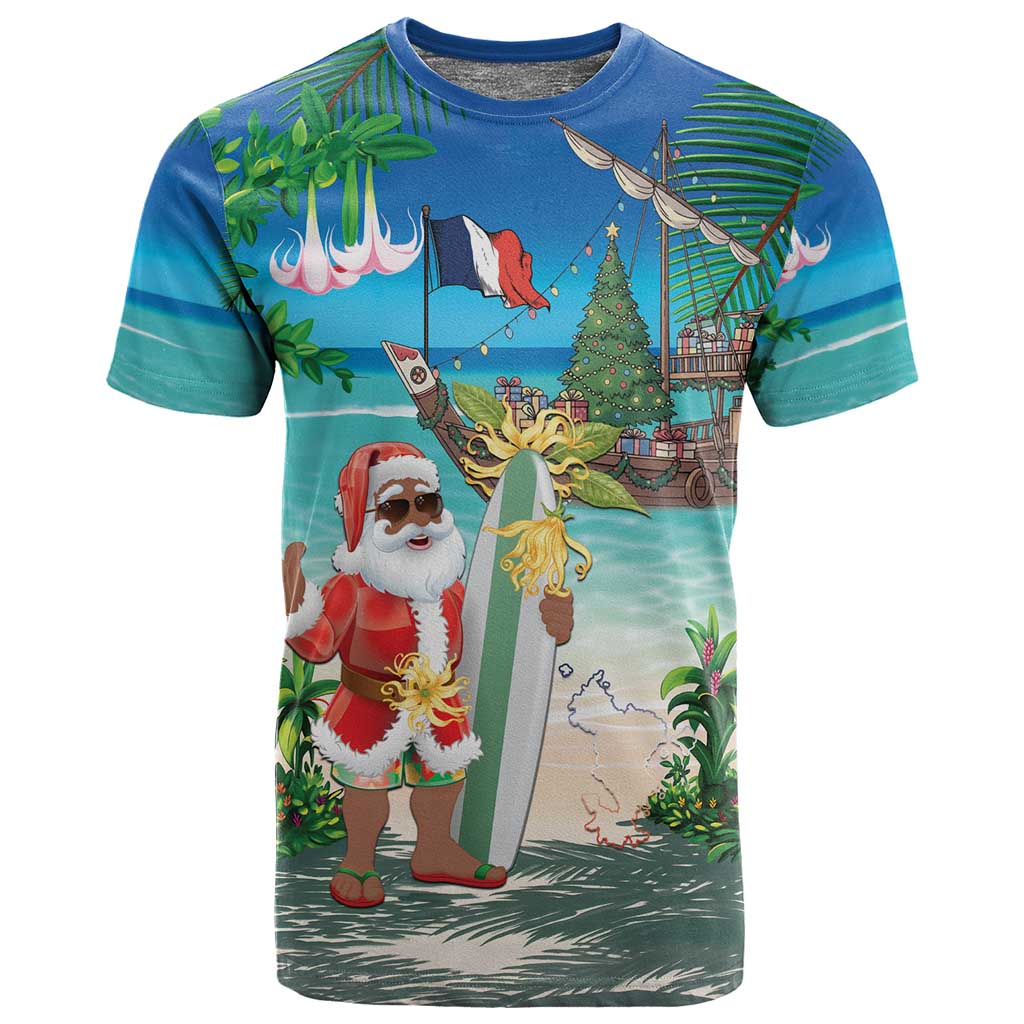 Afro Christmas in Mayotte T shirt Santa Chill on Tropical Beach - African Pride