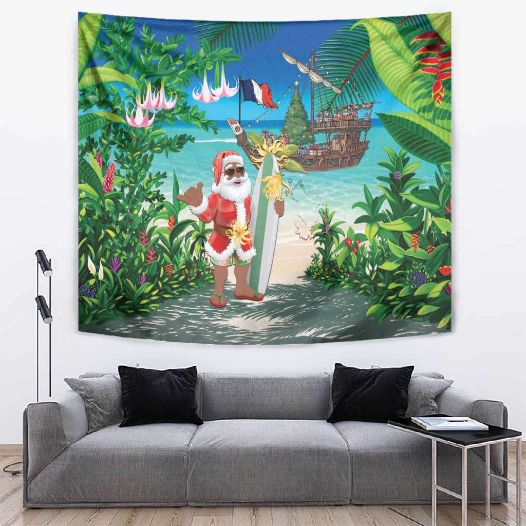 Afro Christmas in Mayotte Tapestry Santa Chill on Tropical Beach - African Pride