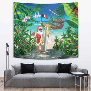 Afro Christmas in Mayotte Tapestry Santa Chill on Tropical Beach - African Pride