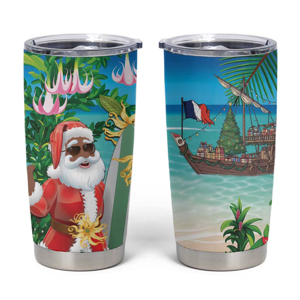 Afro Christmas in Mayotte Tumbler Cup Santa Chill on Tropical Beach - African Pride
