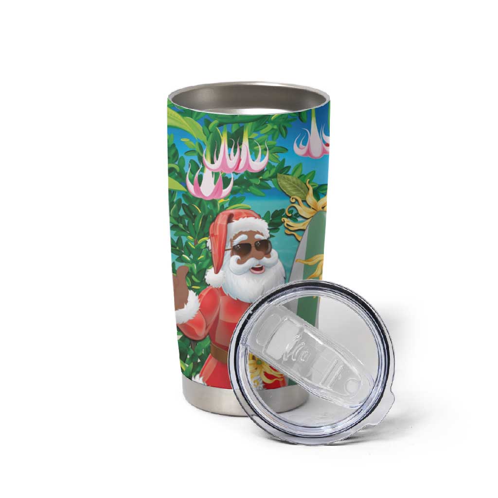 Afro Christmas in Mayotte Tumbler Cup Santa Chill on Tropical Beach - African Pride