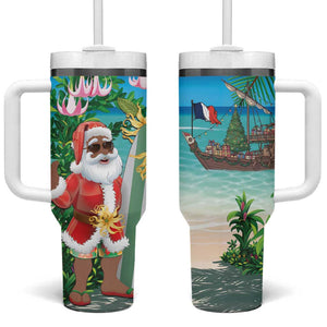 Afro Christmas in Mayotte Tumbler With Handle Santa Chill on Tropical Beach - African Pride