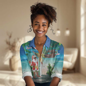 Afro Christmas in Mayotte Women Casual Shirt Santa Chill on Tropical Beach - African Pride