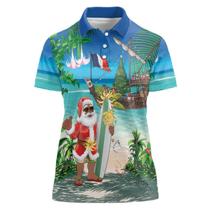 Afro Christmas in Mayotte Women Polo Shirt Santa Chill on Tropical Beach - African Pride