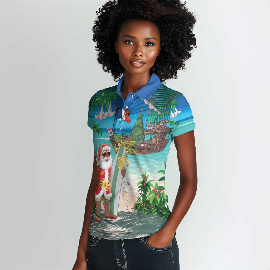 Afro Christmas in Mayotte Women Polo Shirt Santa Chill on Tropical Beach - African Pride