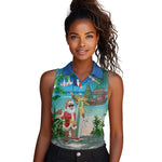 Afro Christmas in Mayotte Women Sleeveless Polo Shirt Santa Chill on Tropical Beach - African Pride