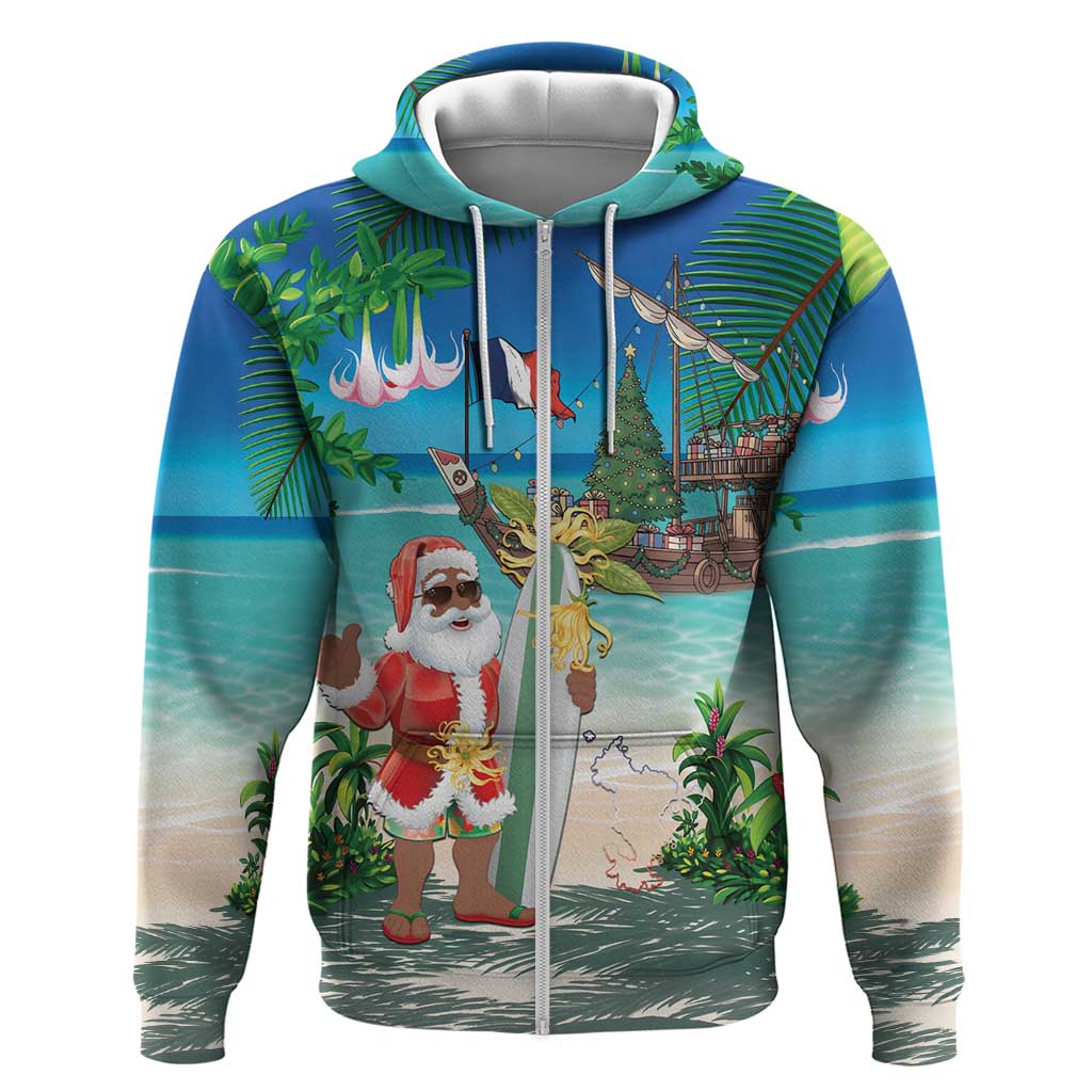 Afro Christmas in Mayotte Zip Hoodie Santa Chill on Tropical Beach - African Pride