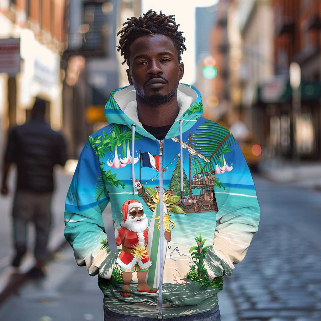 Afro Christmas in Mayotte Zip Hoodie Santa Chill on Tropical Beach - African Pride