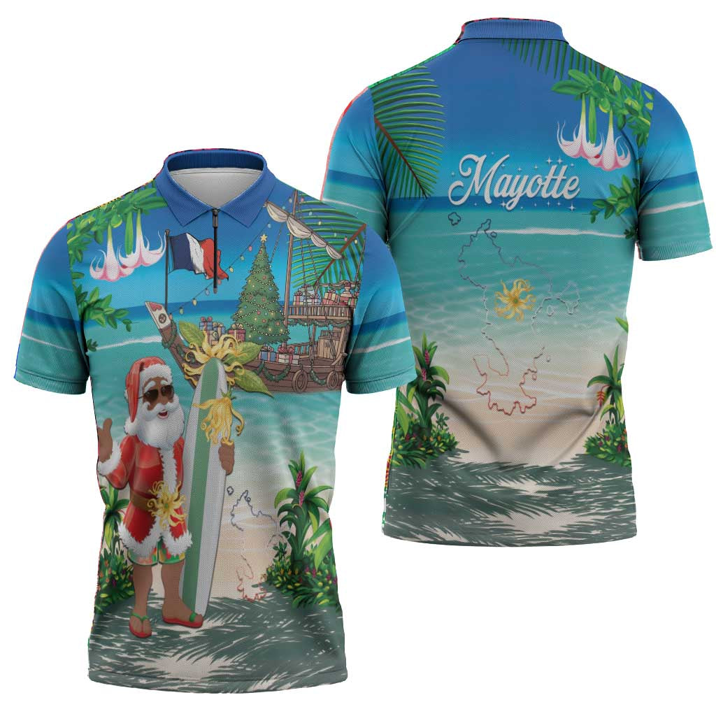 Mayotte Christmas Zipper Polo Shirt Santa Chill on Tropical Beach