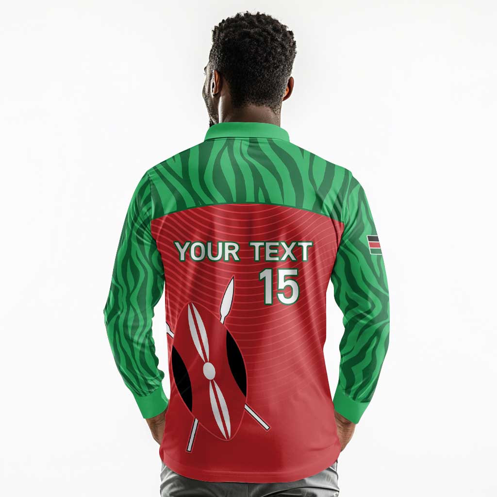 Custom Afro Athletics Kenya Long Sleeve Polo Shirt Kenyan Runner - Maasai Shield