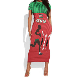 Custom Afro Athletics Kenya Short Sleeve Bodycon Dress Kenyan Runner - Maasai Shield LT15