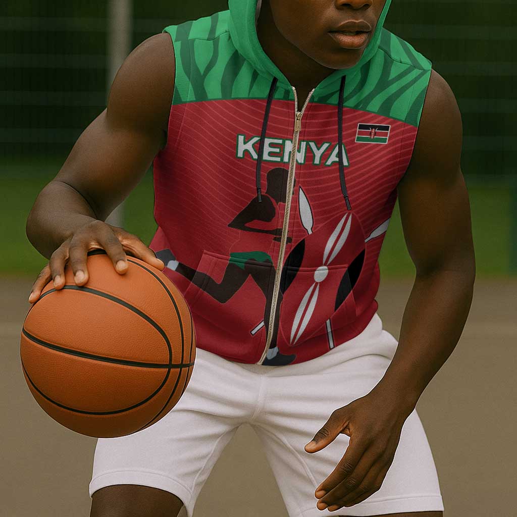 Custom Afro Athletics Kenya Sleeveless Zip Hoodie Kenyan Runner - Maasai Shield - African Pride