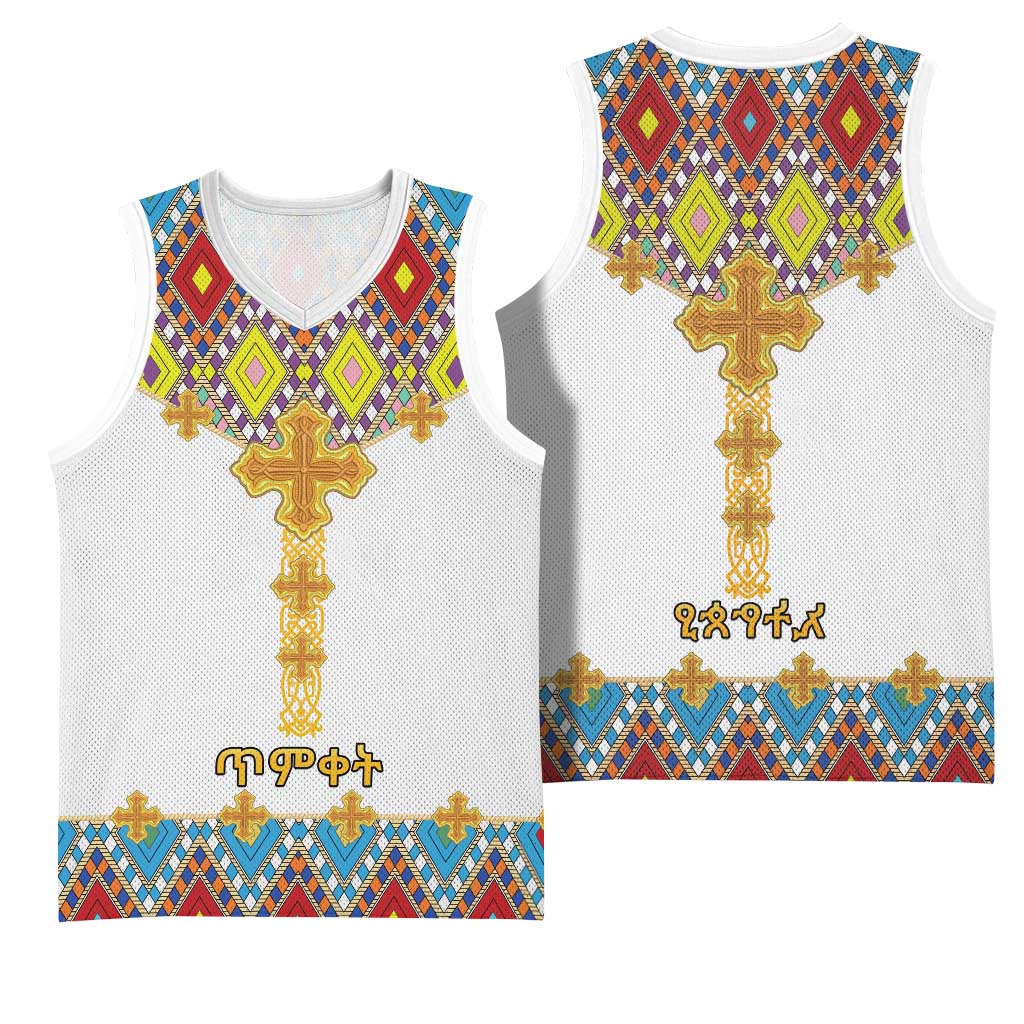 Happy Ethiopian Timkat Basketball Jersey Cross Mix Tilet Pattern - African Pride