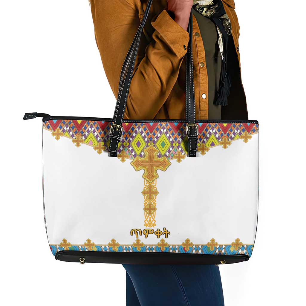 Happy Ethiopian Timkat Leather Tote Bag Cross Mix Tilet Pattern