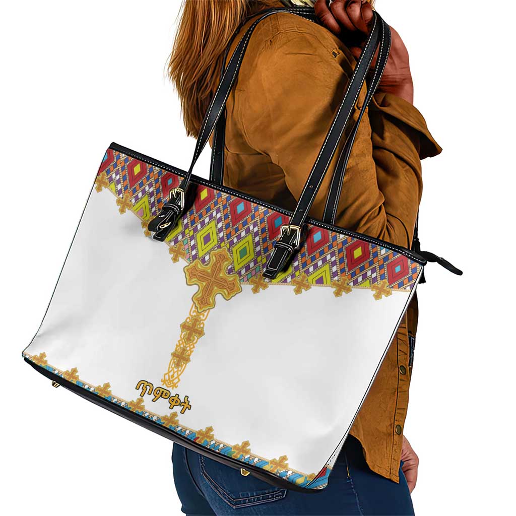 Happy Ethiopian Timkat Leather Tote Bag Cross Mix Tilet Pattern