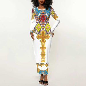 Happy Ethiopian Timkat Long Sleeve Bodycon Dress Cross Mix Tilet Pattern LT15
