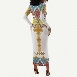 Happy Ethiopian Timkat Long Sleeve Bodycon Dress Cross Mix Tilet Pattern LT15