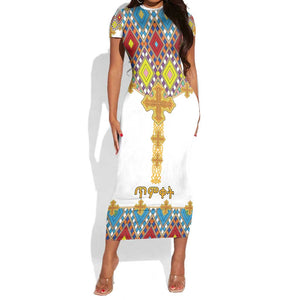 Happy Ethiopian Timkat Short Sleeve Bodycon Dress Cross Mix Tilet Pattern LT15