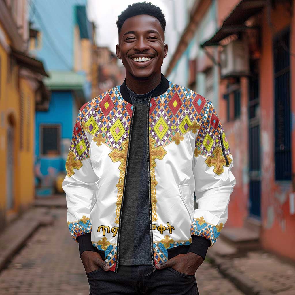 Happy Ethiopian Timkat Sleeve Zip Bomber Jacket Cross Mix Tilet Pattern