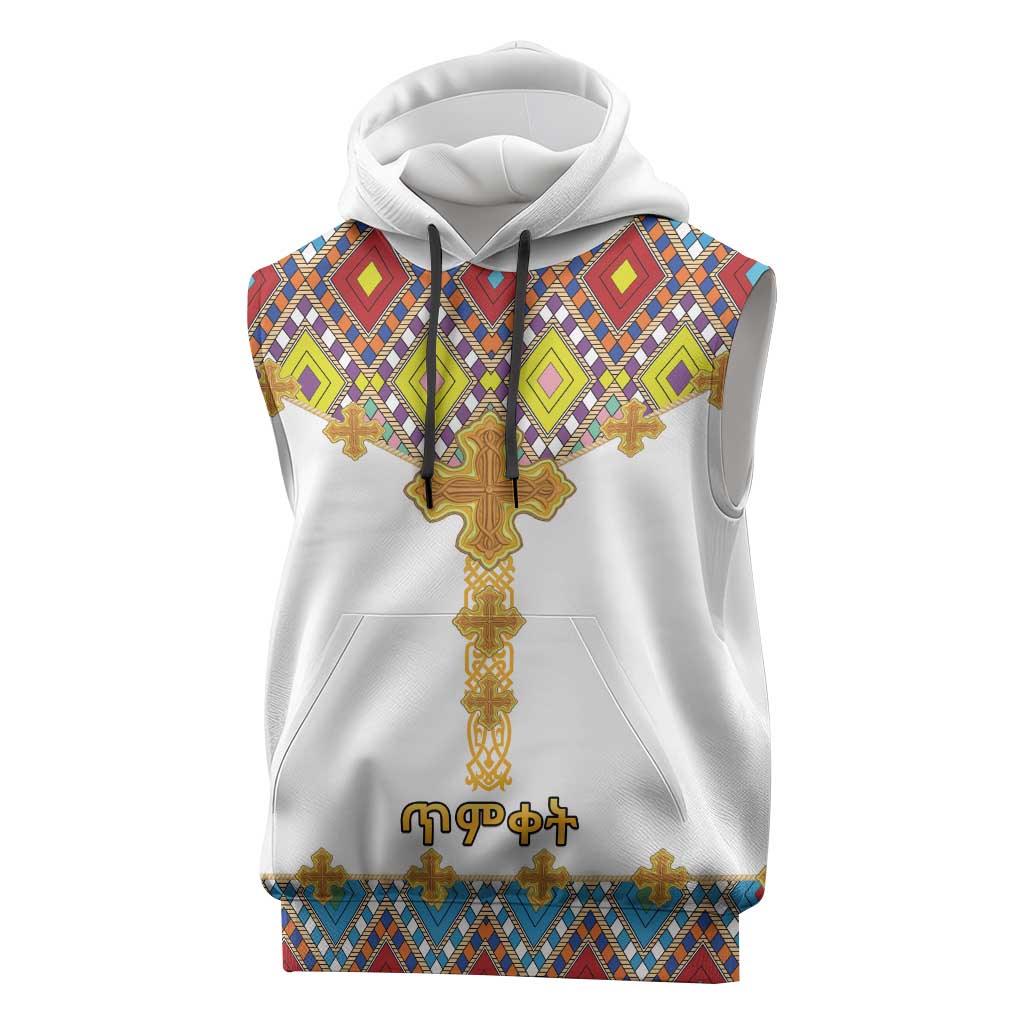 Happy Ethiopian Timkat Sleeveless Hoodie Cross Mix Tilet Pattern - African Pride