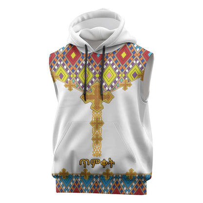 Happy Ethiopian Timkat Sleeveless Hoodie Cross Mix Tilet Pattern - African Pride