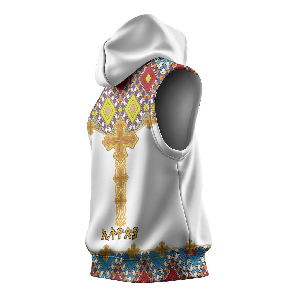 Happy Ethiopian Timkat Sleeveless Hoodie Cross Mix Tilet Pattern - African Pride
