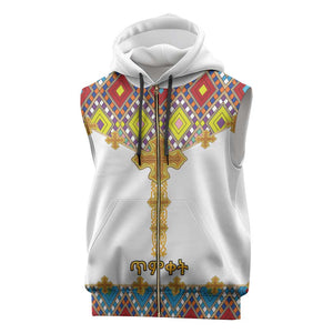 Happy Ethiopian Timkat Sleeveless Zip Hoodie Cross Mix Tilet Pattern - African Pride