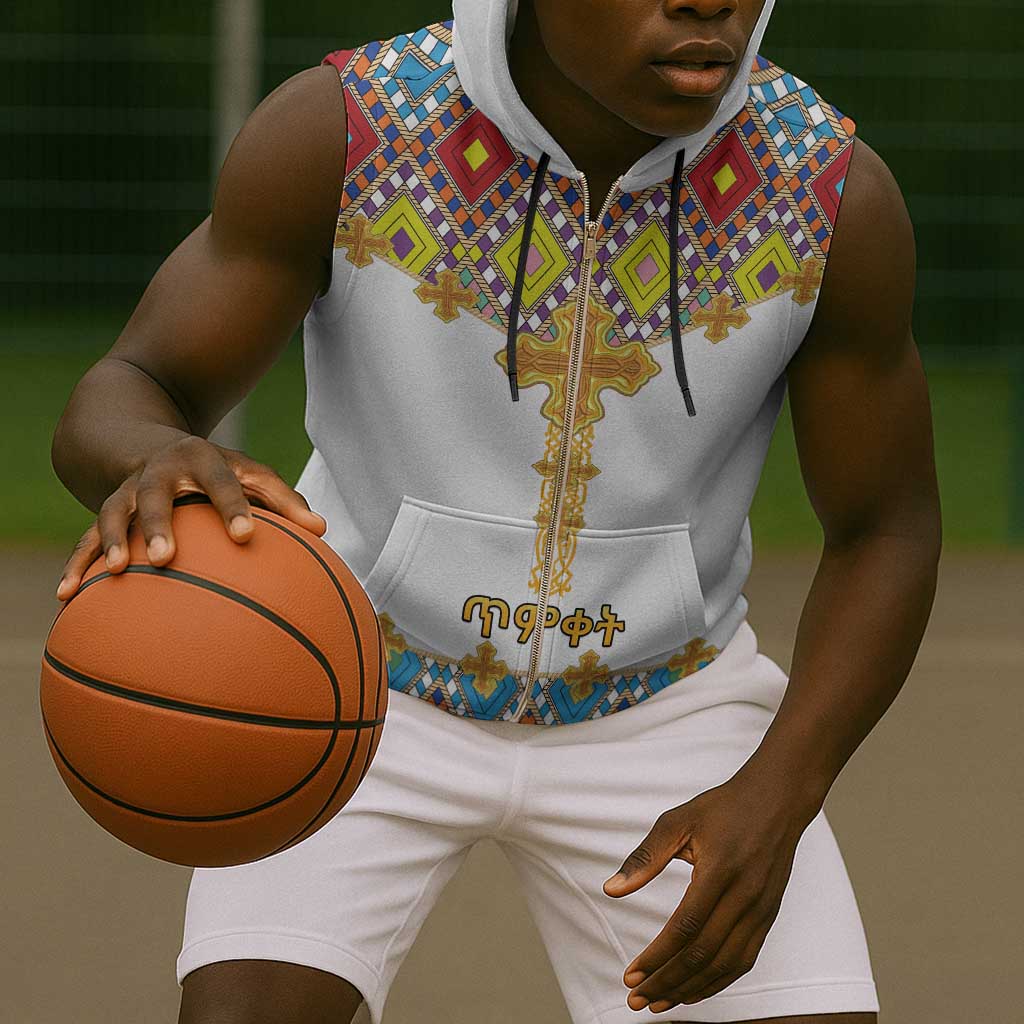 Happy Ethiopian Timkat Sleeveless Zip Hoodie Cross Mix Tilet Pattern - African Pride