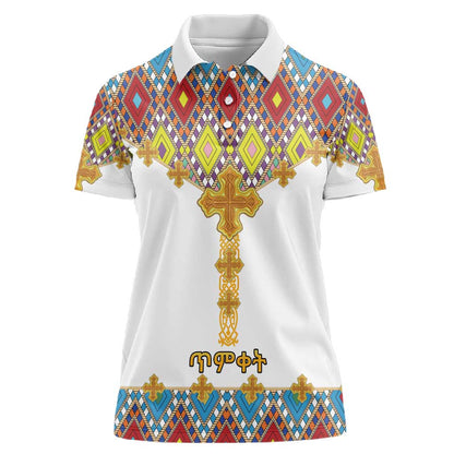 Happy Ethiopian Timkat Women Polo Shirt Cross Mix Tilet Pattern
