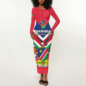 Personalised Namibia Long Sleeve Bodycon Dress Coat Of Arms With Flag Map - Happy Independence Day LT15