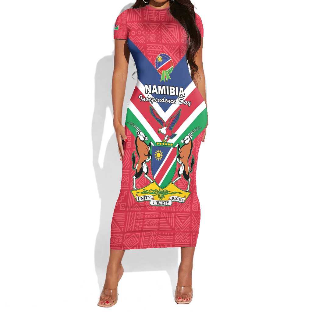 Personalised Namibia Short Sleeve Bodycon Dress Coat Of Arms With Flag Map - Happy Independence Day LT15