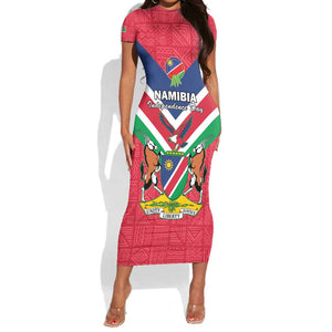 Personalised Namibia Short Sleeve Bodycon Dress Coat Of Arms With Flag Map - Happy Independence Day LT15