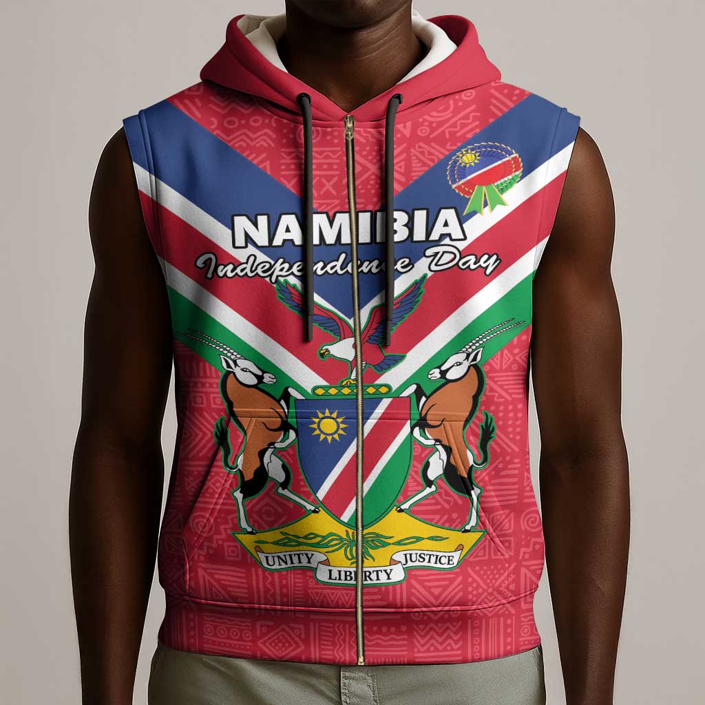 Personalised Namibia Sleeveless Zip Hoodie Coat Of Arms With Flag Map - Happy Independence Day - African Pride