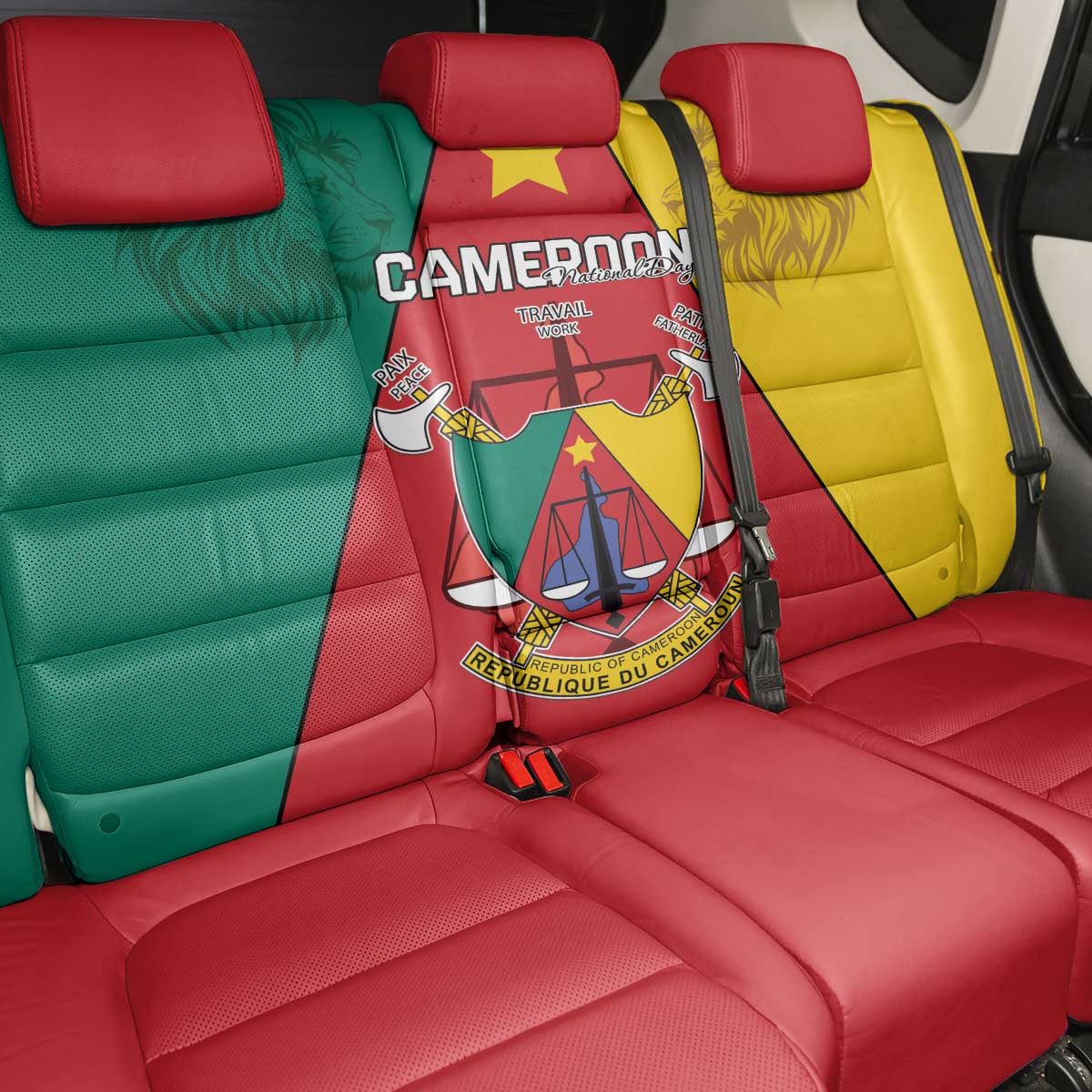 Cameroon National Day Back Car Seat Cover Lion Mix Coat Of Arms Style