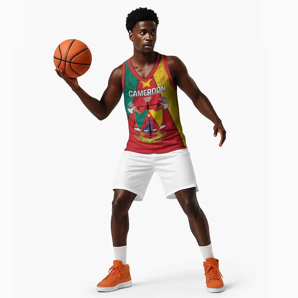 Personalised Cameroon National Day Basketball Jersey Lion Mix Coat Of Arms Style - African Pride