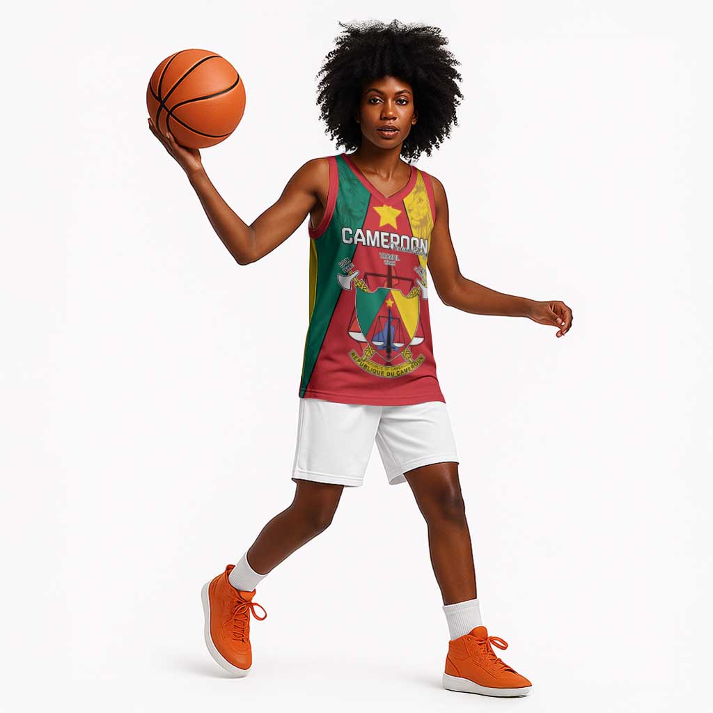 Personalised Cameroon National Day Basketball Jersey Lion Mix Coat Of Arms Style - African Pride