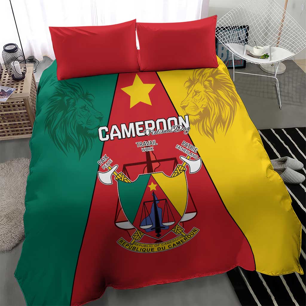 Cameroon National Day Bedding Set Lion Mix Coat Of Arms Style
