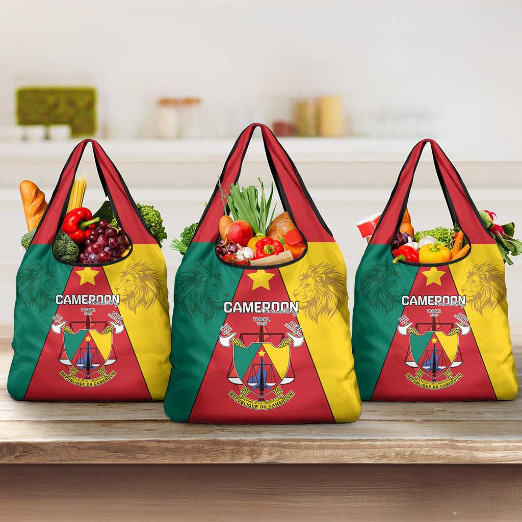 Cameroon National Day Grocery Bag Lion Mix Coat Of Arms Style