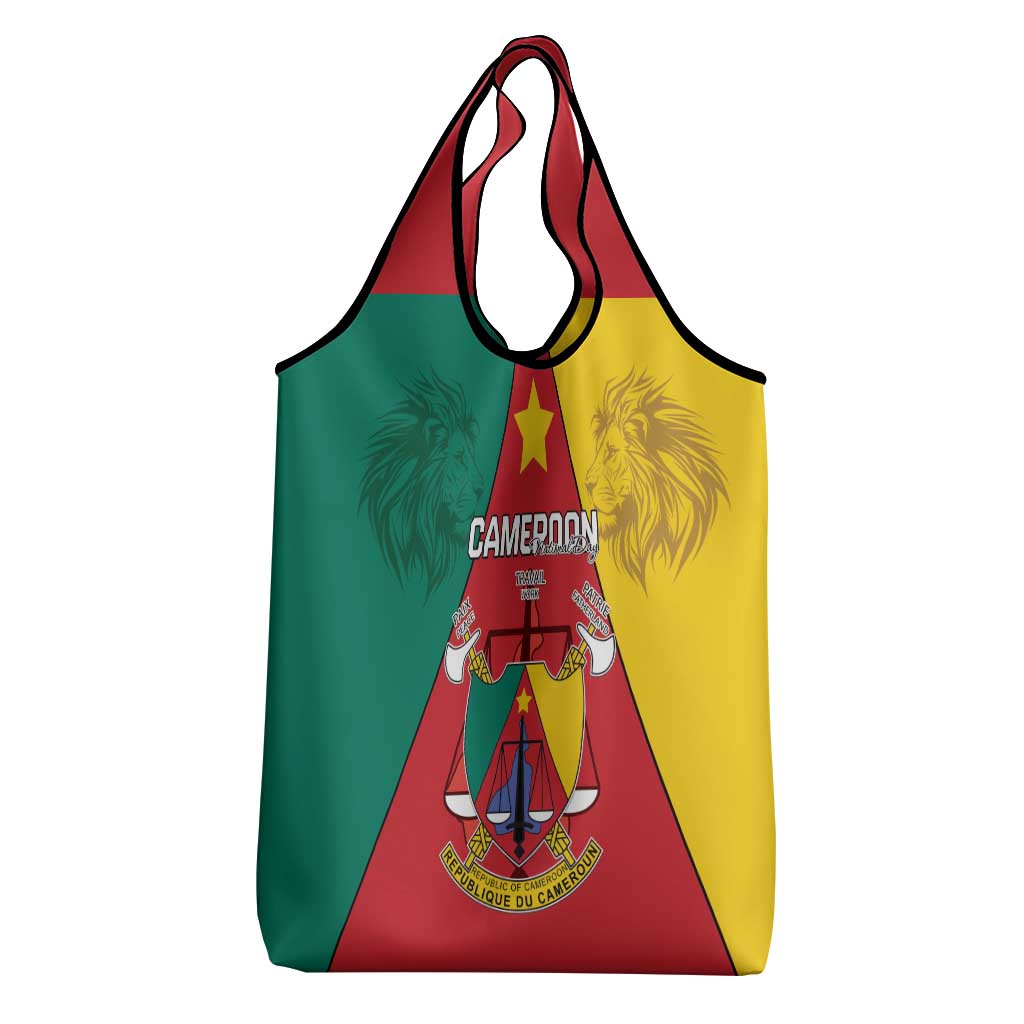 Cameroon National Day Grocery Bag Lion Mix Coat Of Arms Style