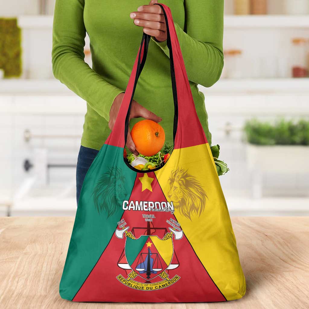 Cameroon National Day Grocery Bag Lion Mix Coat Of Arms Style