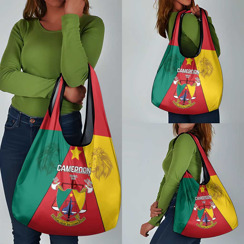 Cameroon National Day Grocery Bag Lion Mix Coat Of Arms Style