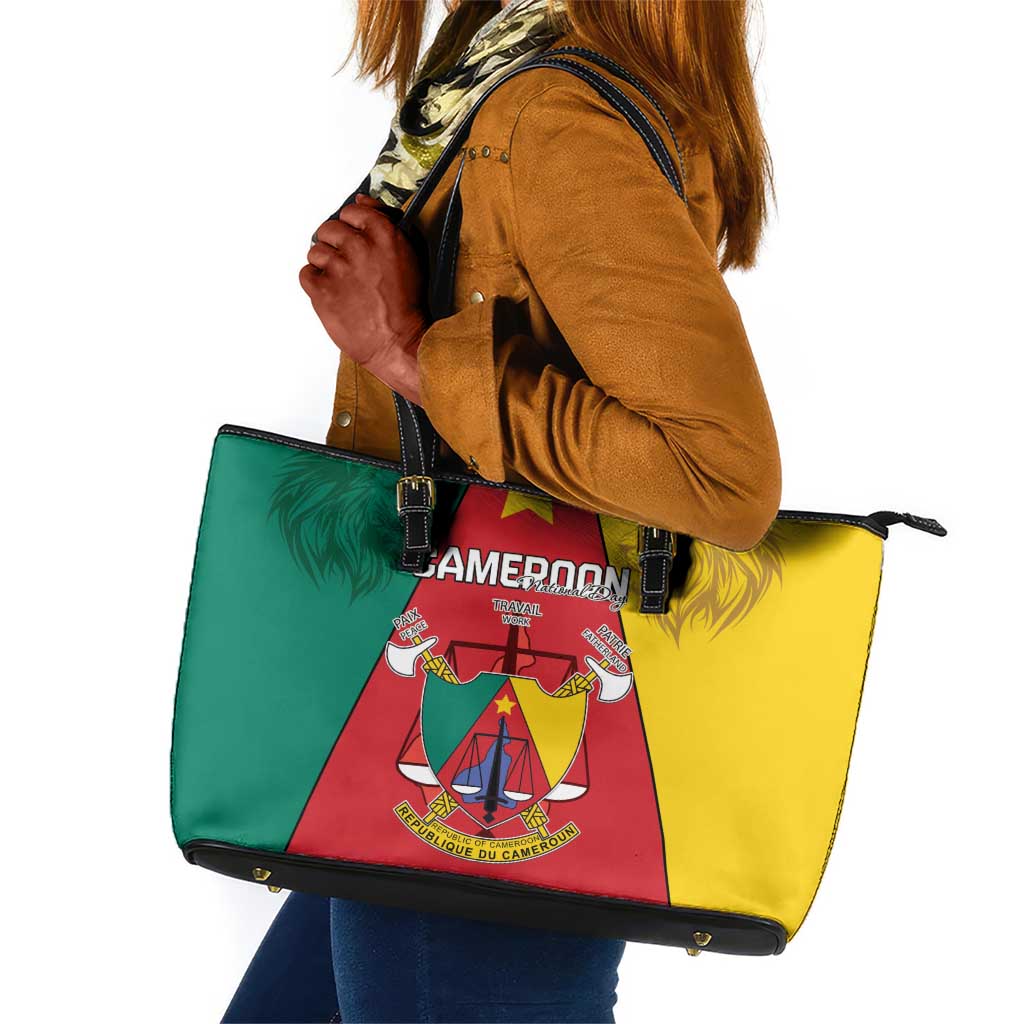 Cameroon National Day Leather Tote Bag Lion Mix Coat Of Arms Style