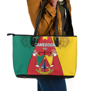 Cameroon National Day Leather Tote Bag Lion Mix Coat Of Arms Style
