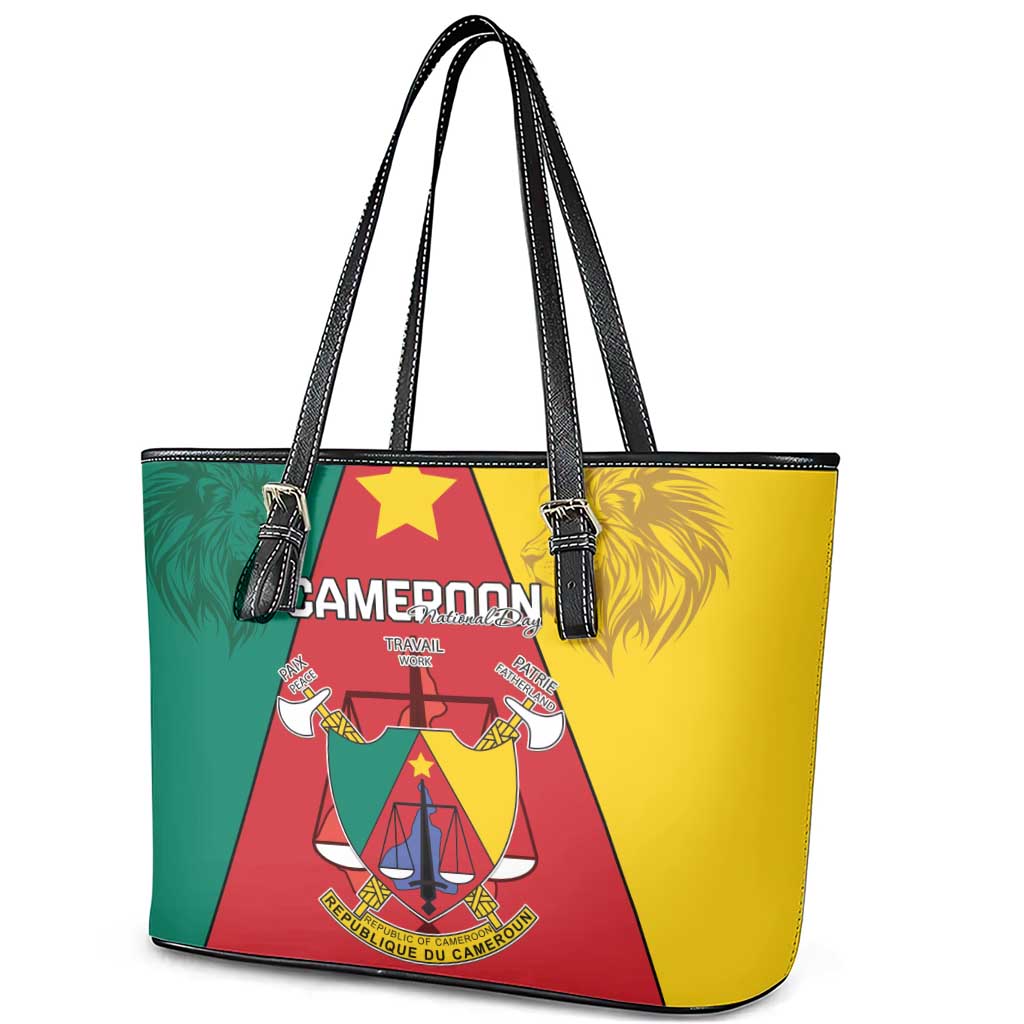 Cameroon National Day Leather Tote Bag Lion Mix Coat Of Arms Style