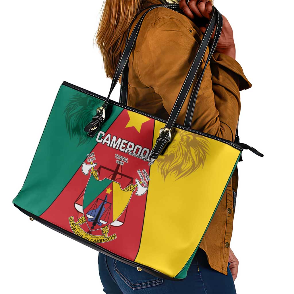Cameroon National Day Leather Tote Bag Lion Mix Coat Of Arms Style