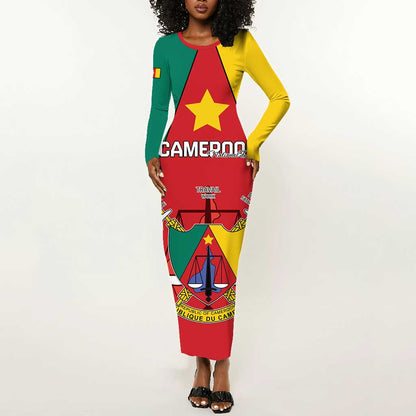 Personalised Cameroon National Day Long Sleeve Bodycon Dress Lion Mix Coat Of Arms Style LT15