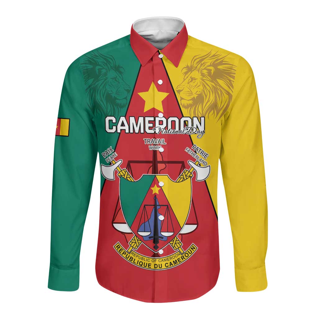 Personalised Cameroon National Day Long Sleeve Button Shirt Lion Mix Coat Of Arms Style