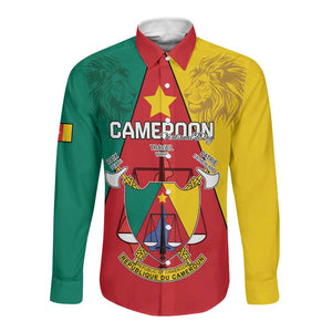 Personalised Cameroon National Day Long Sleeve Button Shirt Lion Mix Coat Of Arms Style