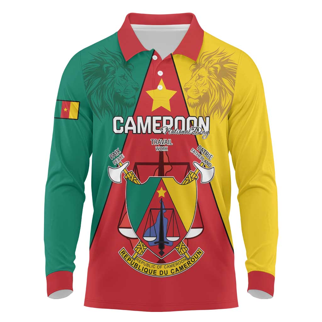Personalised Cameroon National Day Long Sleeve Polo Shirt Lion Mix Coat Of Arms Style